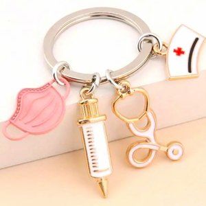 Nurse Keychain Bag Charm Purse Pink Mask Stethoscope RN Medical Dr Ring Medicine